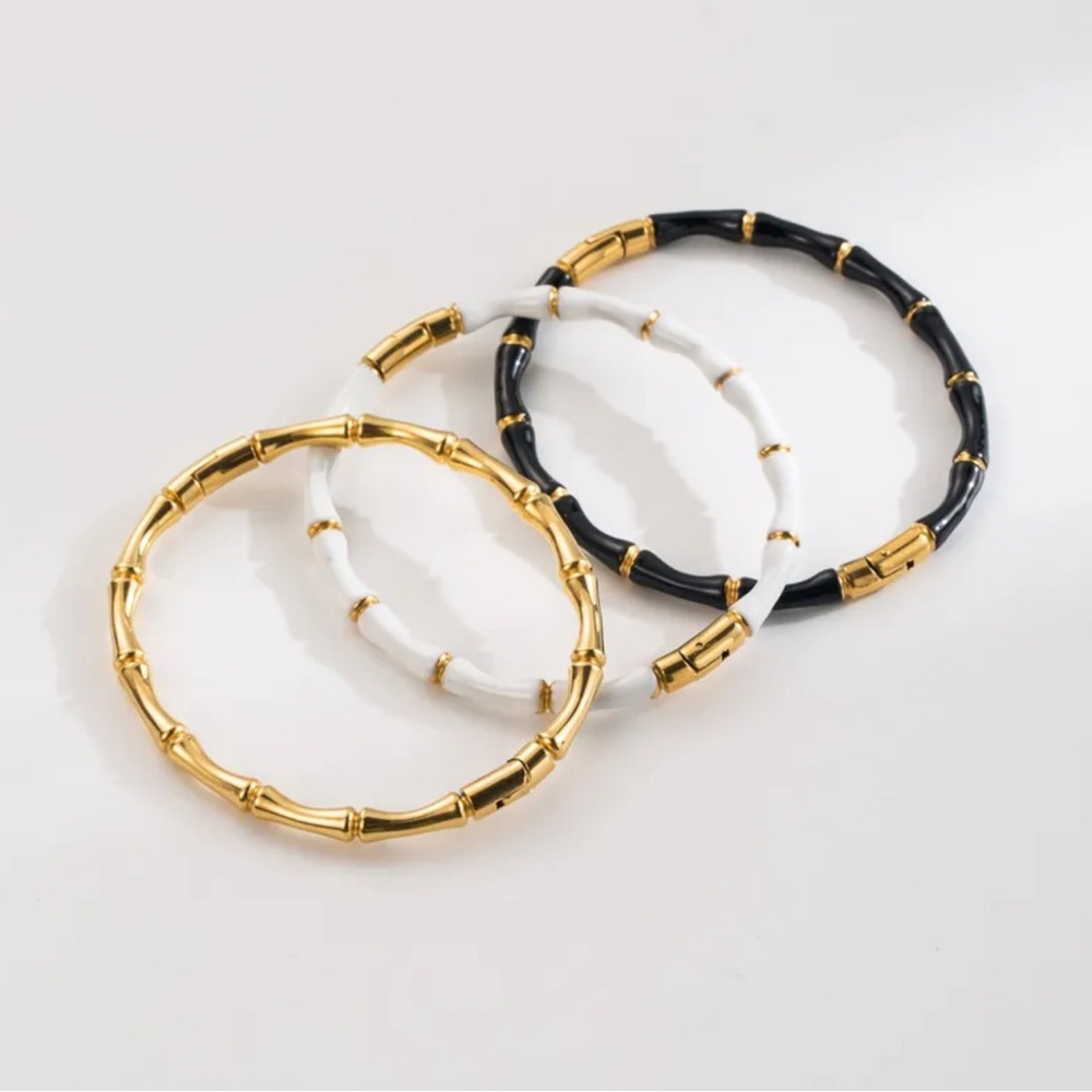 Women’s Gold, Black & White Bamboo-Style Bangle Bracelet Set